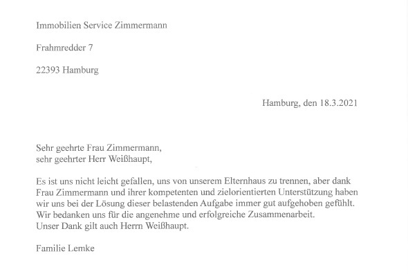 Schriftliches Feedback des Immobilien Service Zimmermann